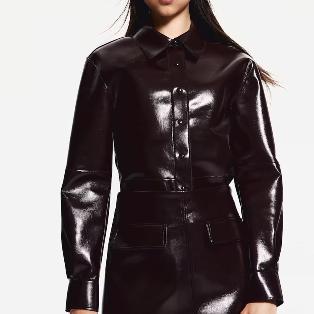 H&M Burgundy Coated “Patent Leather” Overshirt and Skirt